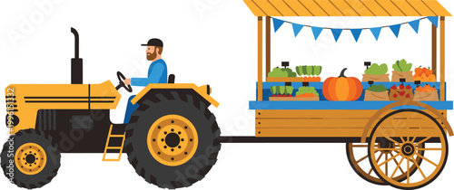 Farmer driving yellow tractor with fresh vegetable market trailer stall and bunting flags flat vector illustration