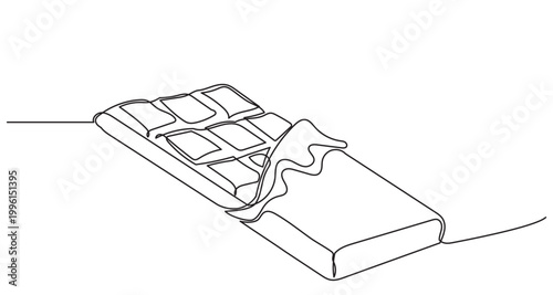 Continuous line drawing of an open chocolate bar in foil wrapper. Minimalist one line art of sweet cocoa dessert, isolated on white background. Simple vector illustration for cafe or food design.