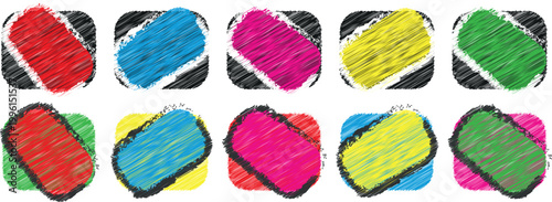 A collection of ten vector badge Vector featuring vibrant scribble textures within rounded square frames. These design elements are perfect for UI projects stickers or creative graphic design layouts 