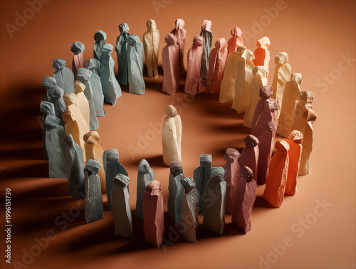 circle of about 30 identical, neat, cut out, different coloured, paper figures stood around in circle, inside the middle of the circle a central lone figure isolated from everyone around, lonliness, i