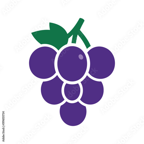 Stylized grapes illustration with leaves and vine with simple shapes on a white background