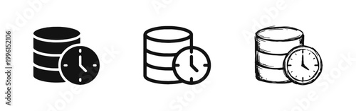 Database and clock icon set representing real time data processing and storage management