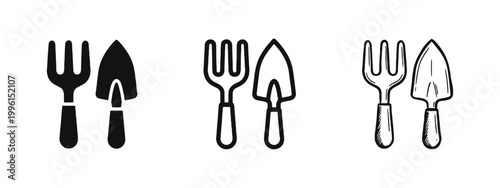 Gardening tools icon set with fork and trowel symbols for agriculture and planting concepts