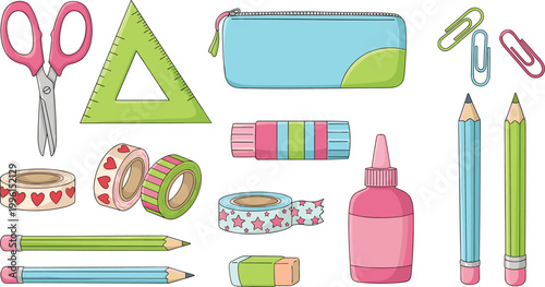 Cute Colorful School Stationery Vector Set with Scissors Ruler Pencil Case Tape Glue and Fun Supply Icons