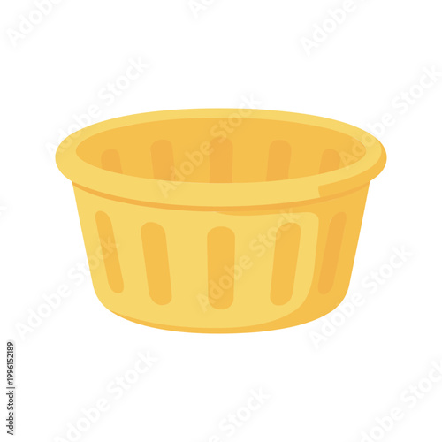 Bright yellow plastic basket stands ready for use on a plain white background