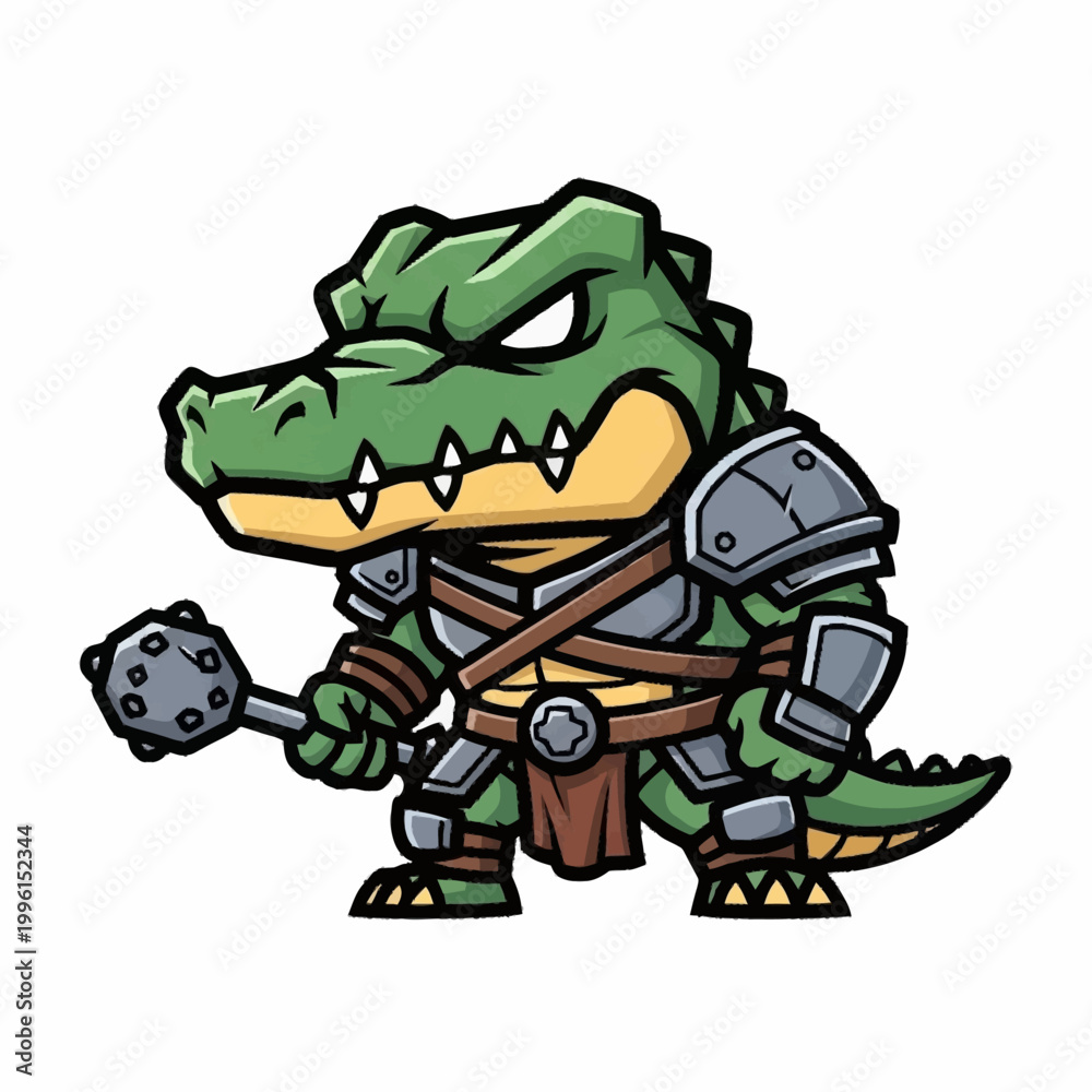 Fototapeta premium Cartoon Warrior Alligator Character Holding a Mace.
