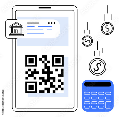 Digital banking, payment processing, e-commerce, mobile transactions, financial apps, secure payments. ion of a QR code, bank icon coins and a calculator. Digital banking and payment processing