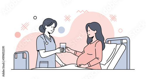 Nurse giving water to pregnant woman in hospital bed, healthcare support concept