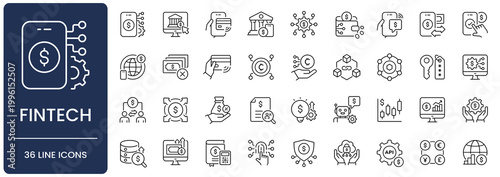 Fintech line icon set. Collection of digital banking, mobile payment, cryptocurrency and finance management outline vector symbols with editable stroke.