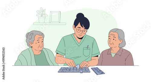 Nurse helping elderly women with medication, pill organizer, healthcare concept