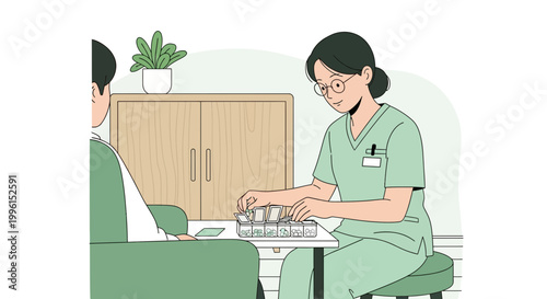 Nurse showing medication to patient, healthcare consultation, medical treatment, doctor's visit