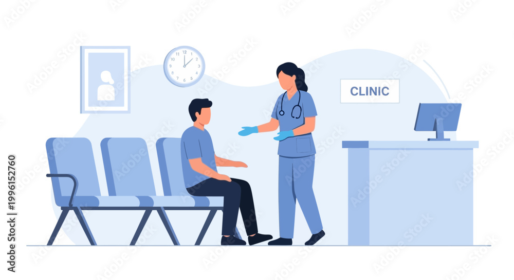 Fototapeta premium Nurse talking to patient in clinic waiting room, healthcare consultation, medical checkup