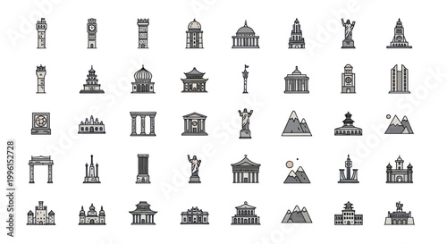 Pixel Art Landmark Icons Collection: City Buildings, Monuments, Architecture Styles