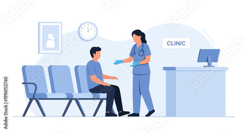 Nurse talking to patient in clinic waiting room, healthcare consultation, medical checkup