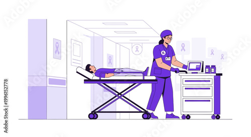 Nurse tending to patient on gurney in hospital corridor with medical equipment