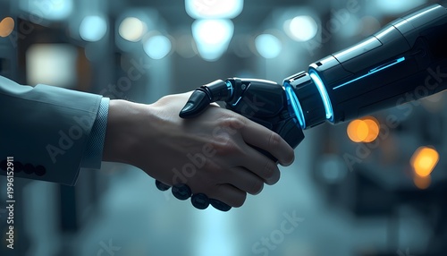 Close Up Handshake Between Businessman and Humanoid Robot in Modern Office