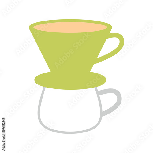 Coffee is being brewed with a green pour over dripper and a white coffee server