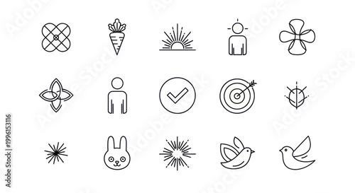 Set of Simple Outline Icons: Nature, Business, Lifestyle, and Abstract Symbols