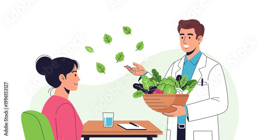 Nutritionist consulting patient with healthy food, fresh vegetables and greens