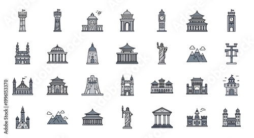 Pixel Art Landmark Icons: Famous Buildings Collection