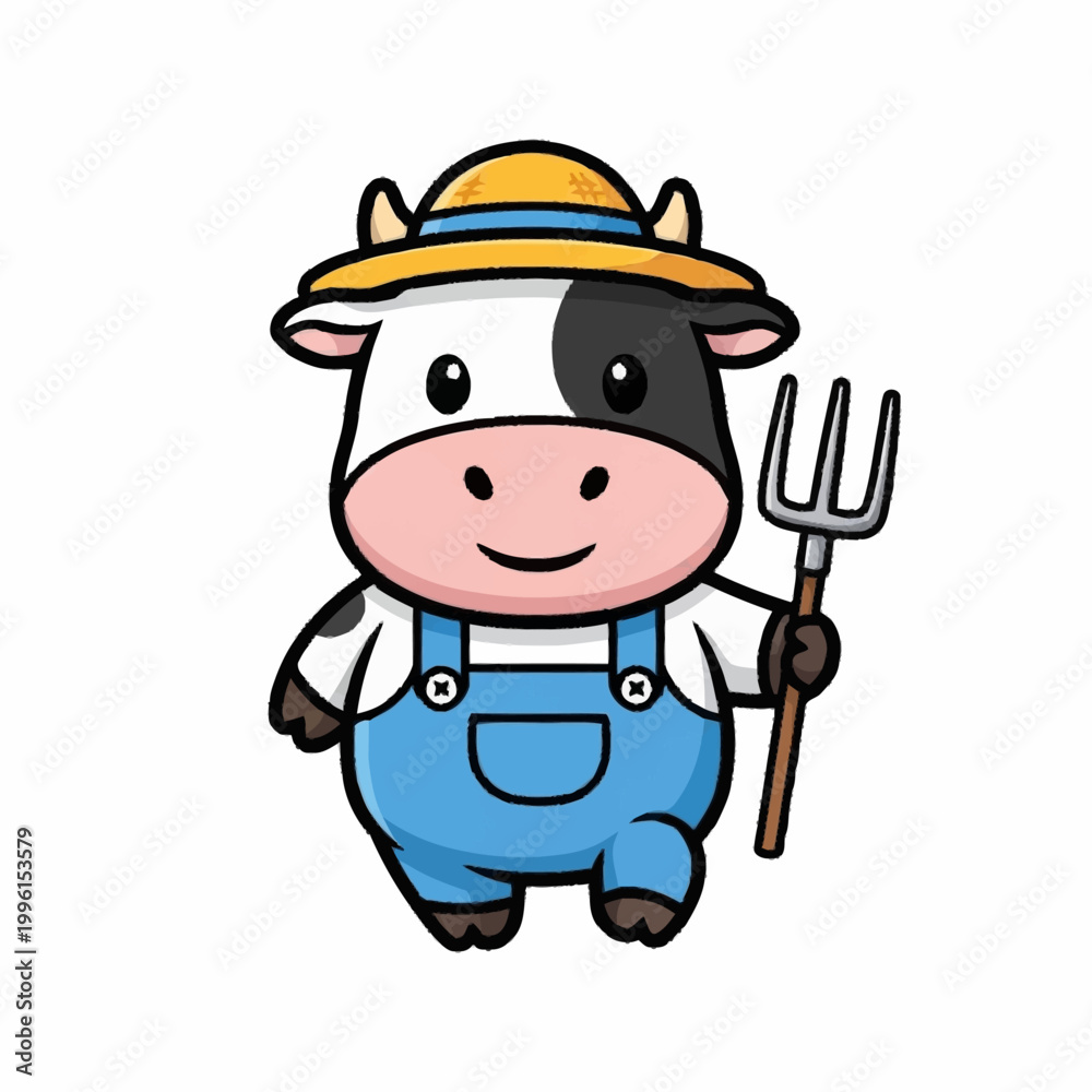 Fototapeta premium Cute cartoon cow farmer wearing overalls and hat holding pitchfork.