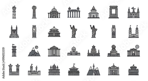 Pixel Art Landmark Icons: Famous Buildings, Monuments, and Architecture Collection