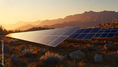 Large Array of Solar Panels in Mountain Landscape During Sunset for Renewable Energy