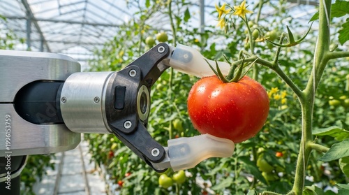 Robotic Arm Harvesting Ripe Red Tomatoes in Modern Glass Greenhouse