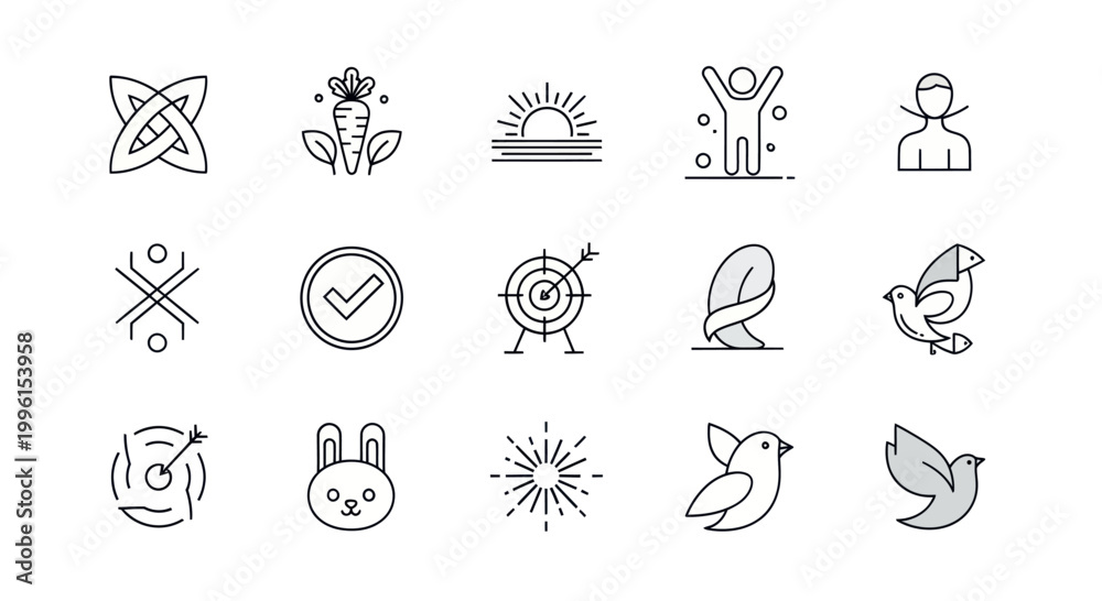 Fototapeta premium Vector Icon Set: Nature, Success, Peace, and Lifestyle Symbols