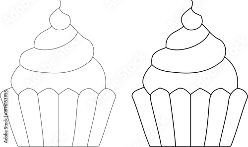 Cupcake Line Icons with Outline Bakery Illustration