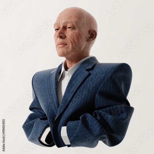 Bald businessman, middle-aged man, blue suit, arms crossed, confident expression, professional portrait