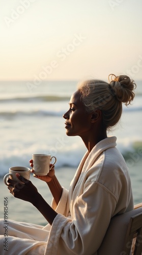 A mature Black woman enjoys a quiet morning on a coastal balcony, sipping herbal tea from a ceramic mug. Misty ocean waves roll in the distance under a pale dawn sky. She wears a comfortable linen rob