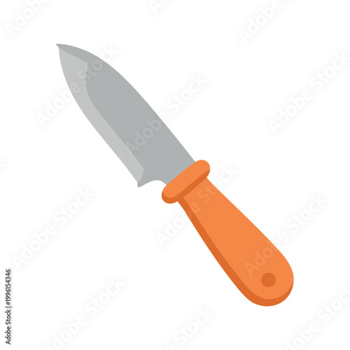 Close-up of a paring knife with an orange handle and a gray metal blade