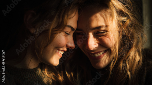 Two young women smiling and embracing in warm sunlight with golden hour