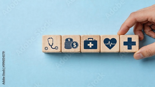Business man woman hand holding arranging wooden blocks with medical icons health insurance concept finance medicine stethoscope coins first aid kit heart pulse care clinic