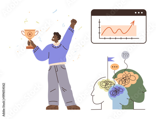 Achievement, mental health, personal growth, success, strategy, analysis. A person holding a trophy, a rising graph and a visualization of brains with ideas. Achievement and mental health concept