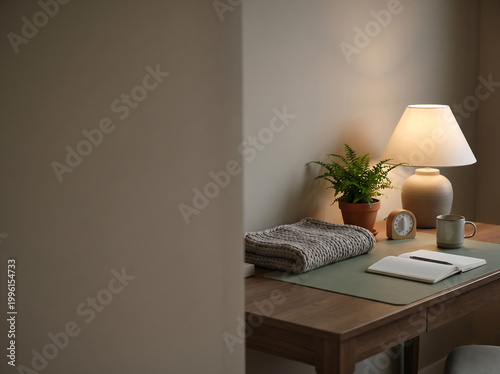 Cozy Neurodivergent Productivity Planning Workspace. Desk with Analog Timer, Weighted Blanket, and Left Wall Copy Space.