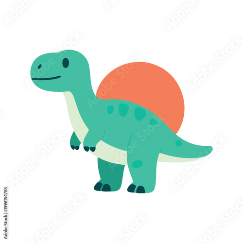 Cute brachiosaurus dinosaur stands in front of a round orange sun illustration