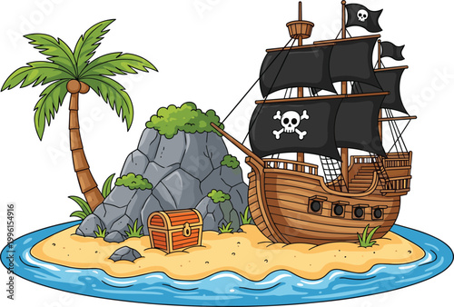Cartoon Pirate Ship on Treasure Island with Palm Tree Rock Chest and Skull Flag Ocean Scene Design