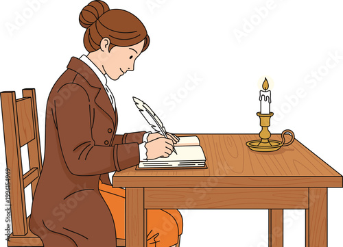 Vintage Cartoon Woman Writing with Quill Pen by Candlelight at Wooden Desk Classic Historical Scene Design