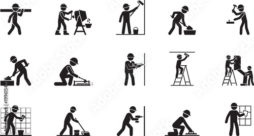Construction worker stick figure icons showing various trades like painting tiling masonry and electrical work for renovation and repair services
