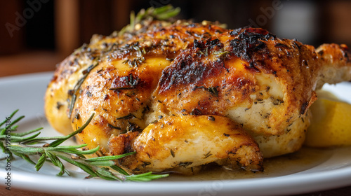 Roasted whole chicken with herbs and rosemary garnish, white plate