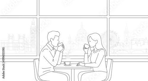 Line drawing of a man and woman sitting at a table drinking coffee in a cafe with a city view.