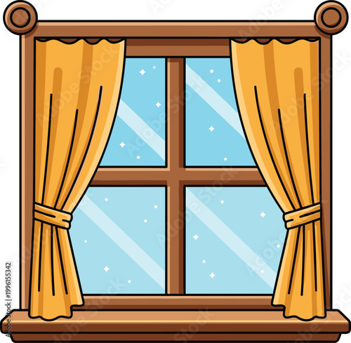 Cute Cartoon Wooden Window with Golden Curtains and Blue Glass on White Background Interior Design Element