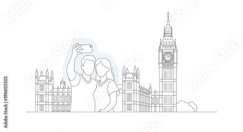 Continuous line drawing of a couple taking a photo in front of famous London city skyline with iconic Big Ben tower.