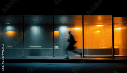 Silhouette of a person running at night in front of a brightly lit building.