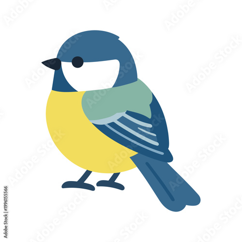 Illustration of a blue tit with yellow belly perched on a white surface