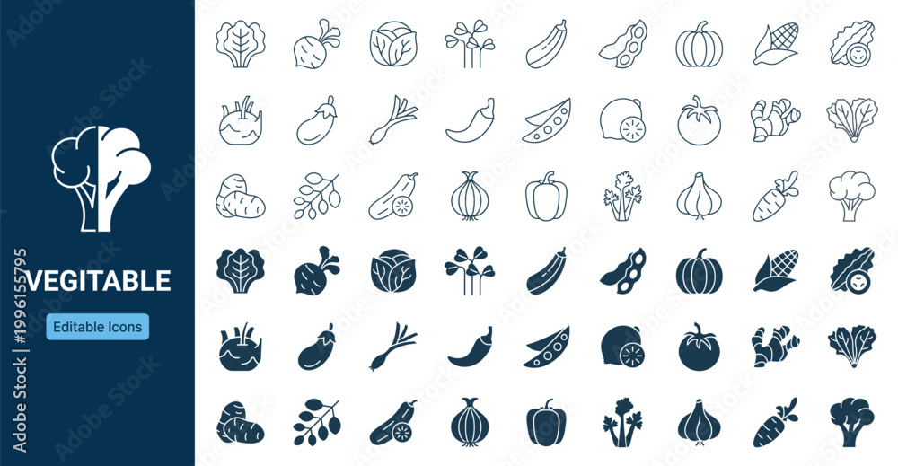 Obraz premium Vegetable icon set with editable line and solid style icons including broccoli, carrot, and pepper