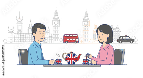 Illustration of a man and woman having a tea conversation with a London cityscape background and British flag teapot.