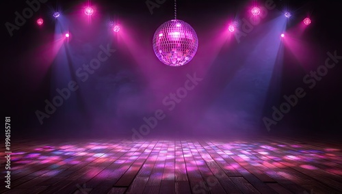 Disco Ball Lights Up Empty Dance Floor with Purple Haze.